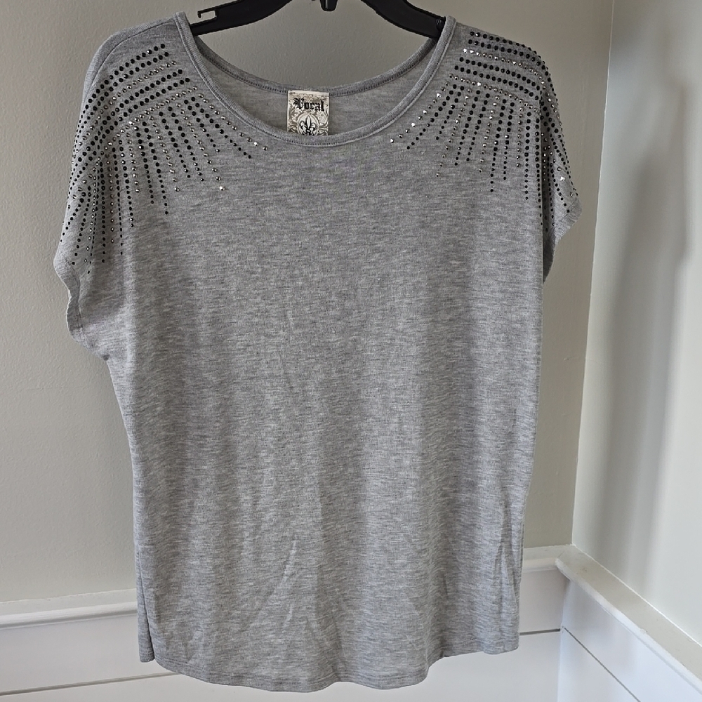 Vocal Gray Embellished Crew Neck T-Shirt
